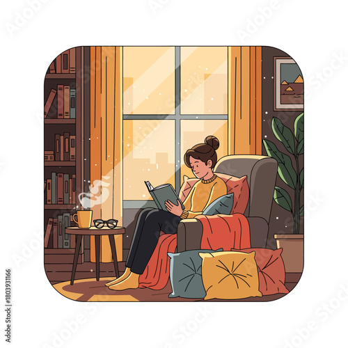A woman is reading a book while sitting in a comfortable armchair by the window, with a cup of coffee and a bookshelf in the background.
