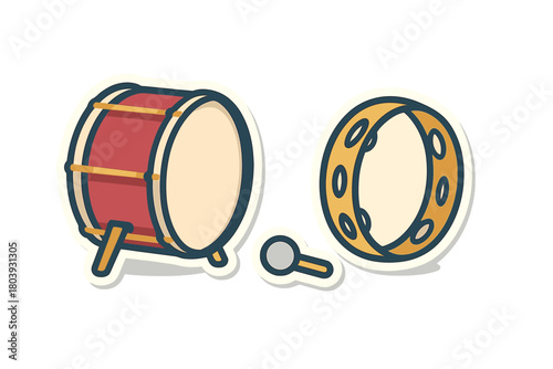 Traditional hand drum and tambourine percussion instruments in colorful sticker style