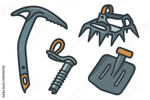 Ice axe, crampons, ice screw, and shovel set for alpine winter climbing