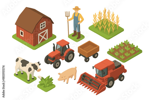 Isometric farm elements set with barn, farmer, livestock, crops, and agricultural machinery