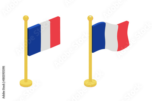 Isometric French national flags on golden poles symbolizing patriotism and diplomacy