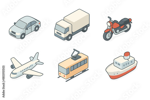 Isometric collection of various transportation vehicles: car, truck, motorcycle, airplane, tram, ship