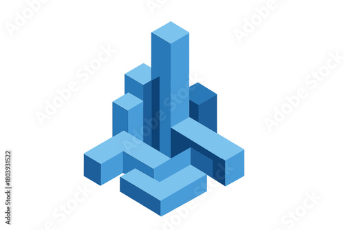 Abstract blue isometric blocks forming a complex structure symbolizing data analysis and business growth