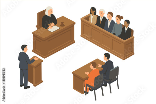 Isometric view of a legal court trial with judge, jury, lawyers, and defendant