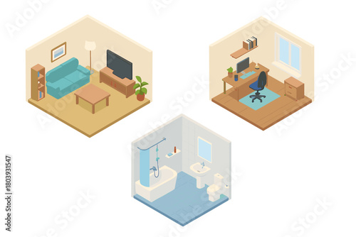 Isometric set of three modern interior rooms: living room,, and bathroom design elements