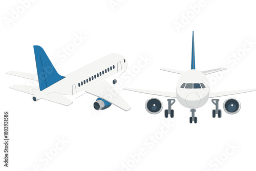 Commercial passenger jet aircraft side isometric and front views isolated on white
