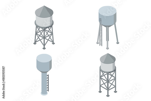 Isometric collection of elevated water towers and storage tanks for municipal infrastructure