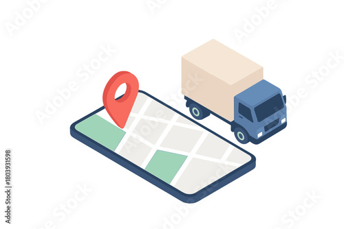 Shipping and delivery tracking concept with truck and mobile map location pin