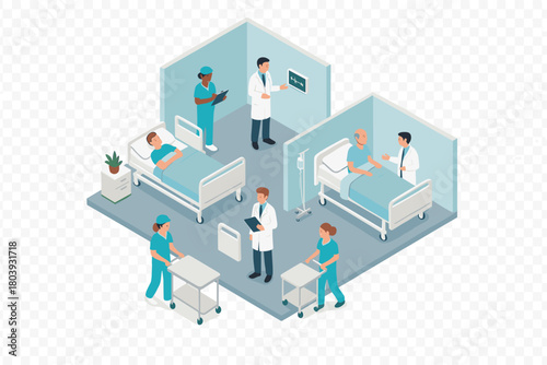 Busy hospital ward with medical staff caring for patients in beds, isometric view