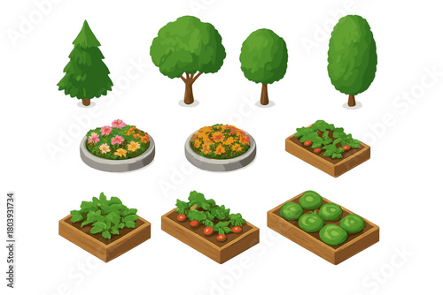 Isometric set of garden and park elements including various trees, flower beds, and vegetable patches