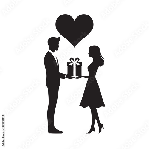 Couple exchanging a gift silhouette