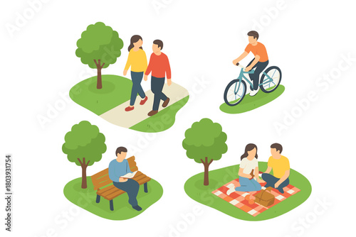 Isometric set of park activities with couples walking, cycling, reading, and enjoying a summer picnic
