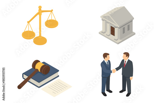 Isometric set of legal and business icons: scales of justice, courthouse, gavel, and handshake agreement