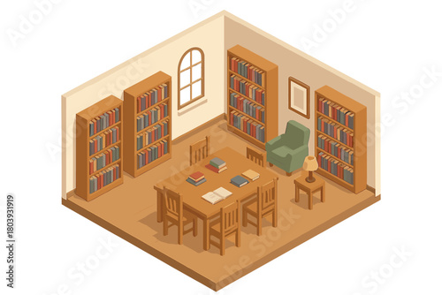 Cozy reading room interior design with wooden furniture and full bookshelves in isometric view