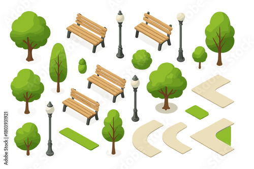 Isometric park and garden elements set with trees, benches, street lamps, and path segments