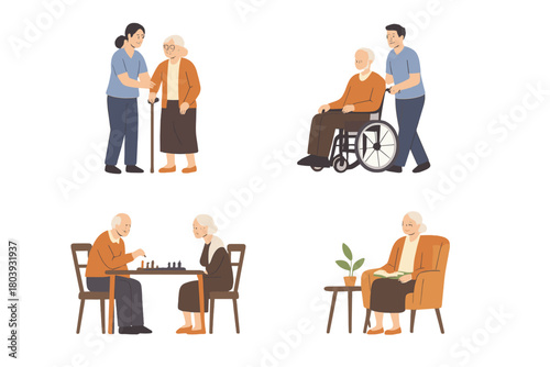 Elderly people receiving care and engaging in leisure activities during retirement