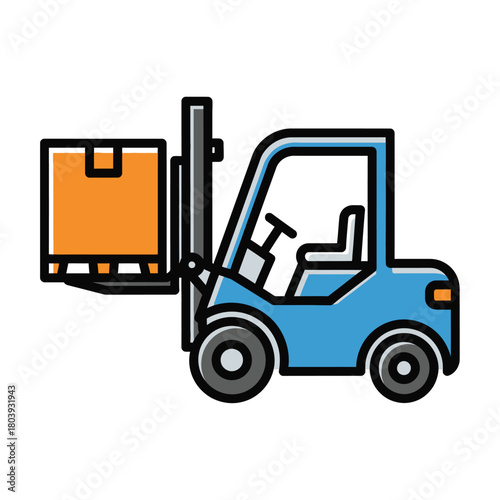 Forklift transporting a box. Ideal for logistics, warehousing, and material handling operations