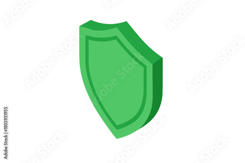 Bright green three dimensional isometric shield icon symbolizing safety and defense