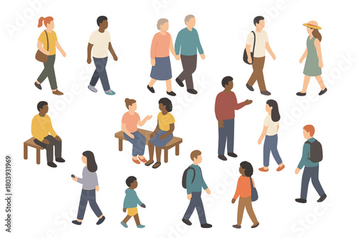 Diverse people walking and sitting in various poses representing urban community life