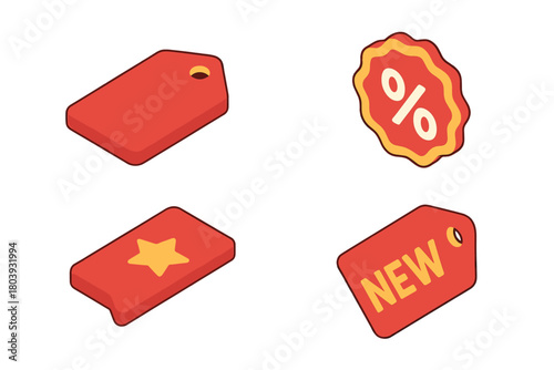 Red shopping tags and discount badges for retail promotions and sales campaigns