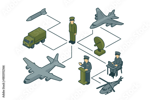 Isometric network diagram connecting military command assets including soldiers aircraft missile radar and vehicles