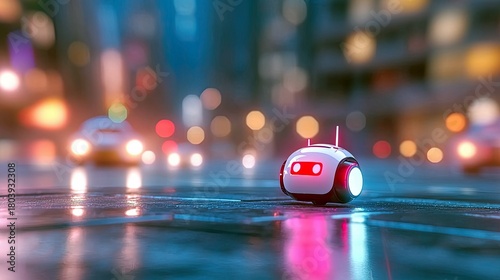 Fototapeta Naklejka Na Ścianę i Meble -  A small, white robot with red glowing eyes and white side lights sits on a wet, reflective street at night, with blurred city lights and car headlights in the b