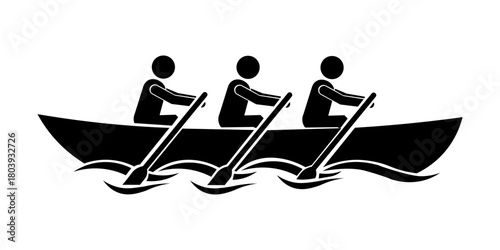 Stickman rowing team in boat, three people paddling together on water waves, teamwork and coordination concept in minimal black silhouette vector illustration.