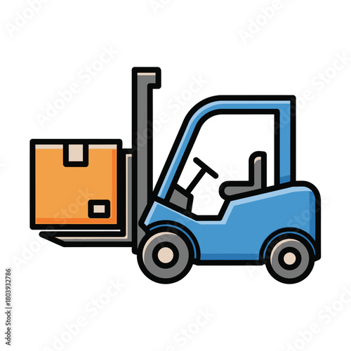 Blue forklift truck lifting an orange box, isolated on a white background, representing logistics and delivery services