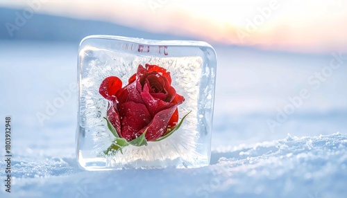 Fototapeta Naklejka Na Ścianę i Meble -  A beautiful vibrant red rose frozen inside a clear ice cube, sitting in a snow-covered winter landscape at sunset, symbolizing preservation, beauty, and the contrast of fire and ice