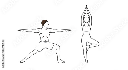 Man and woman practicing yoga poses for balance and strength.