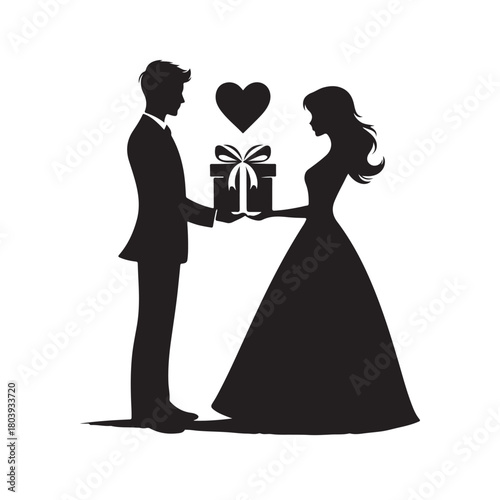 Couple exchanging a gift silhouette