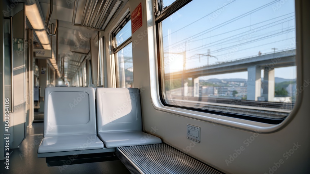 Obraz premium Empty subway car interior showing light gray seats and bright sunlit exterior view