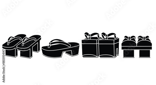 Traditional Japanese footwear and gift boxes arranged in a clean, graphic composition.