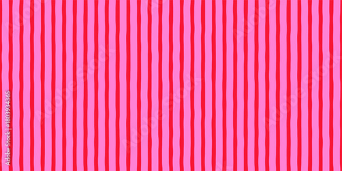 Abstract modern horizontal seamless monochrome geometric pattern of vertical thin hot pink curved stripes on red background, simple hand-drawn vector illustration, drawing, flat style