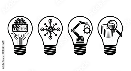 Innovative lightbulbs showcase concepts of artificial intelligence, machine learning, robotics, and data analysis.