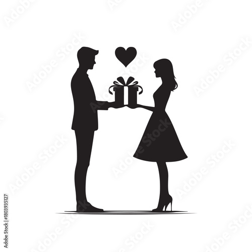 Couple exchanging a gift silhouette