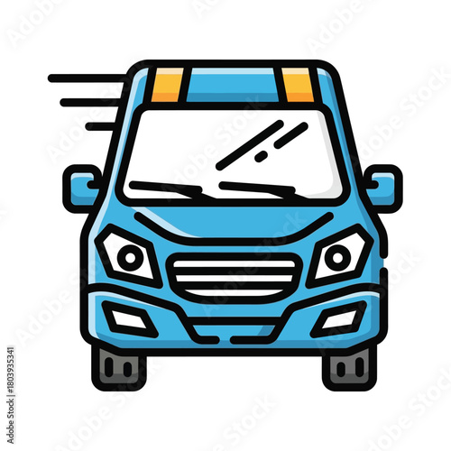Stylized icon of a commercial delivery van in motion, symbolizing rapid shipping, logistics, and transportation services for e-commerce