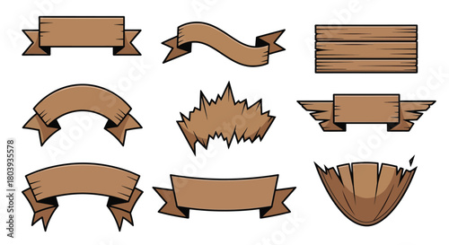 Collection of rustic wooden banners and signs for design elements