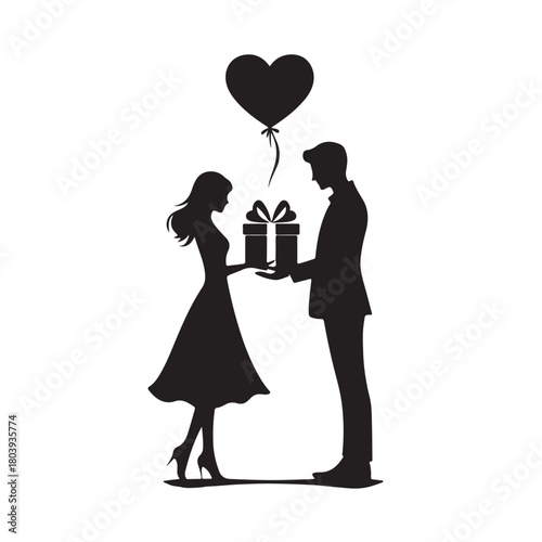 Couple exchanging a gift silhouette