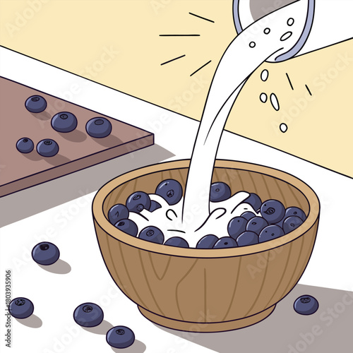Close up of milk erupting as blueberries plunge in, droplets suspended in air, bright kitchen counter with scattered berries and wooden bowl, sunlight highlighting textures.eps