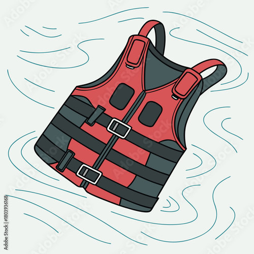 Hydration Vest. Red and black life jacket with pockets floating