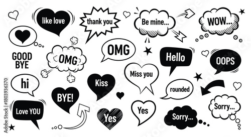 Collection of diverse speech bubbles and hearts expressing emotions and messages