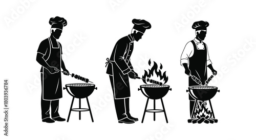 Chef grilling skewers over a hot barbecue, showcasing culinary skill and outdoor cooking.