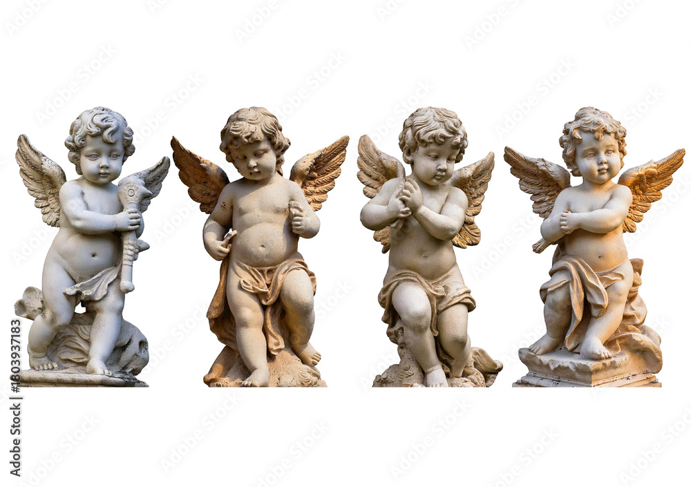 Naklejka premium Set Cupid cherubs statue isolated on a transparent or white background
