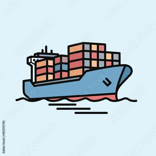 Illustration of a cargo ship loaded with containers sailing on the sea, representing maritime logistics and international trade