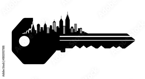 Silhouette of a cityscape forming the shape of a key, symbolizing urban access and opportunity.