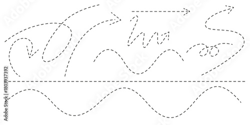 Doodle dashed arrows and wavy swirl lines set, sketch dotted curve path elements, vector, isolated on transparent background