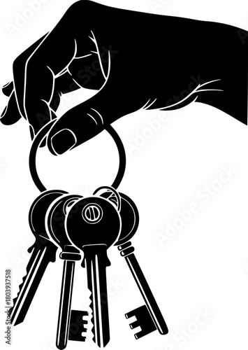 solid black silhouette of a hand gripping a circular keyring with multiple keys
