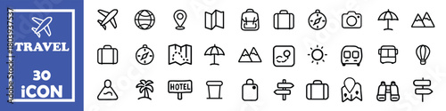 Collection of travel and vacation icons for tourism and adventure.