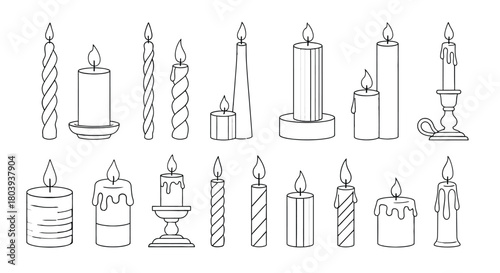 Collection of diverse lit candles in various shapes and sizes for ambiance and celebration